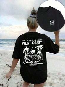 Women's 100% Cotton T-Shirt With A Sun And Beach Print Of West California, Perfect For Summer, The Beach, Music Festivals, And Vacations. It Features A Retro American Graphic Design, Making It A Great Summer And Casual T-Shirt, Ideal For Women's Vacations, With A Fun And  Design. - 黑色 - 查看 9