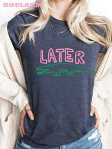 Women's Crocodile Print T-Shirt "Later Gator" | Spring Tops, Plus Size Short Sleeve T-Shirt, Women's Clothing, Summer Clothes For Women - 藏蓝色 - 查看 6
