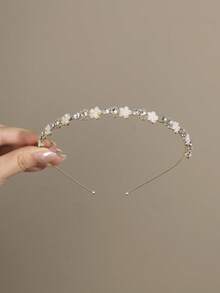 1pc Elegant Pearl Flower Rhinestone Alloy Headband, Minimalist Versatile Daily Accessory For Women Hairband - Gold - View 4