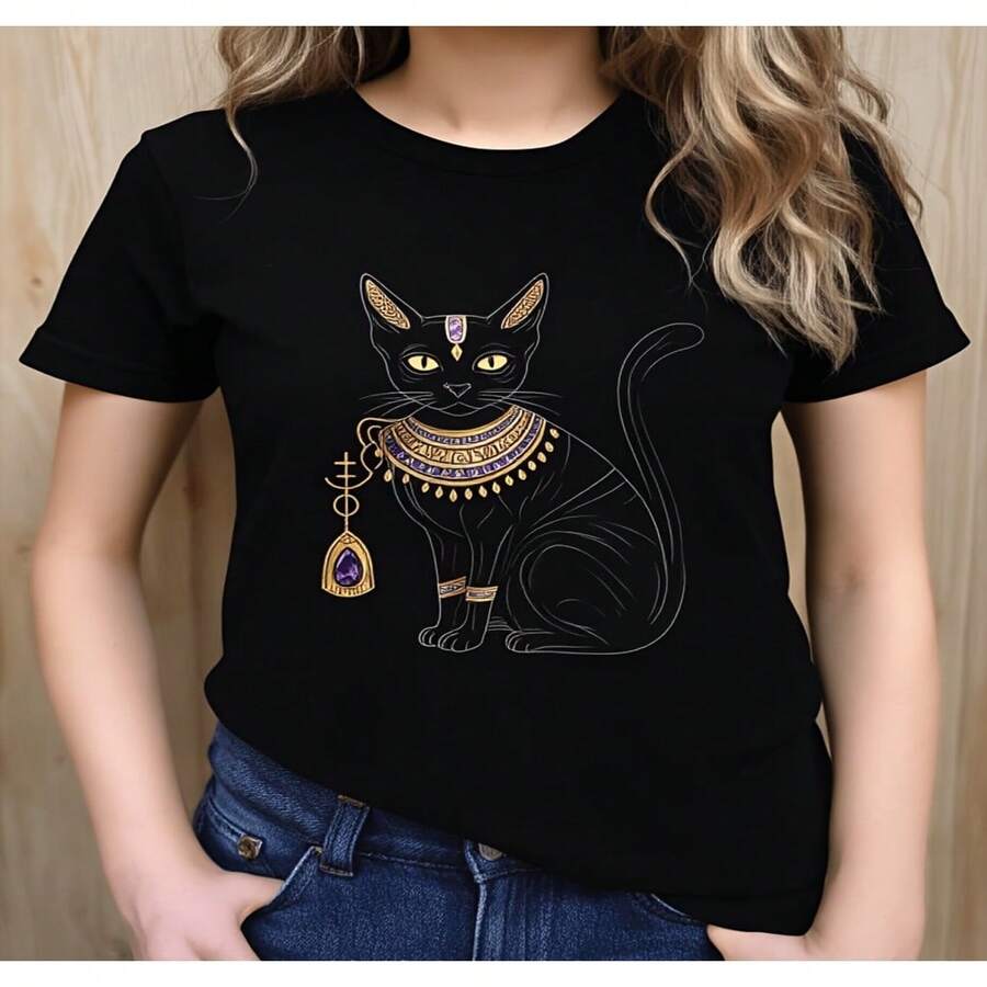 Women's Egyptian Cat T-Shirt, Ancient Style, Casual Festival And Holiday Wear, 2D, Cute Blouses For Women, Women's T-Shirt, Casual Loose Fit, Loose And Slightly Stretchy, Sizes S-XXXL - 黑色 - 查看 1