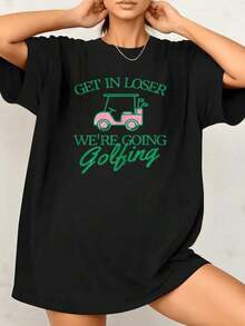 Camiseta Casual de Golf para Mujer, Divertido Diseño de Carrito de Golf, 100% Algodón, 1 Pieza, Estilo Preppy, Estampado Gráfico, Blusas Casuales para Dama - Negro - Ver 7