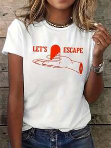 Soft Women's Let's Escape Themed T-Shirt - Short Sleeve Crew Neck Casual Top With Escape Print, Medium Stretch Blouse Suitable For Spring And Summer Wear, Machine Washable. New Summer Women's T-Shirt, Casual And Comfortable Crew Neck Top - 白色的 - 查看 10