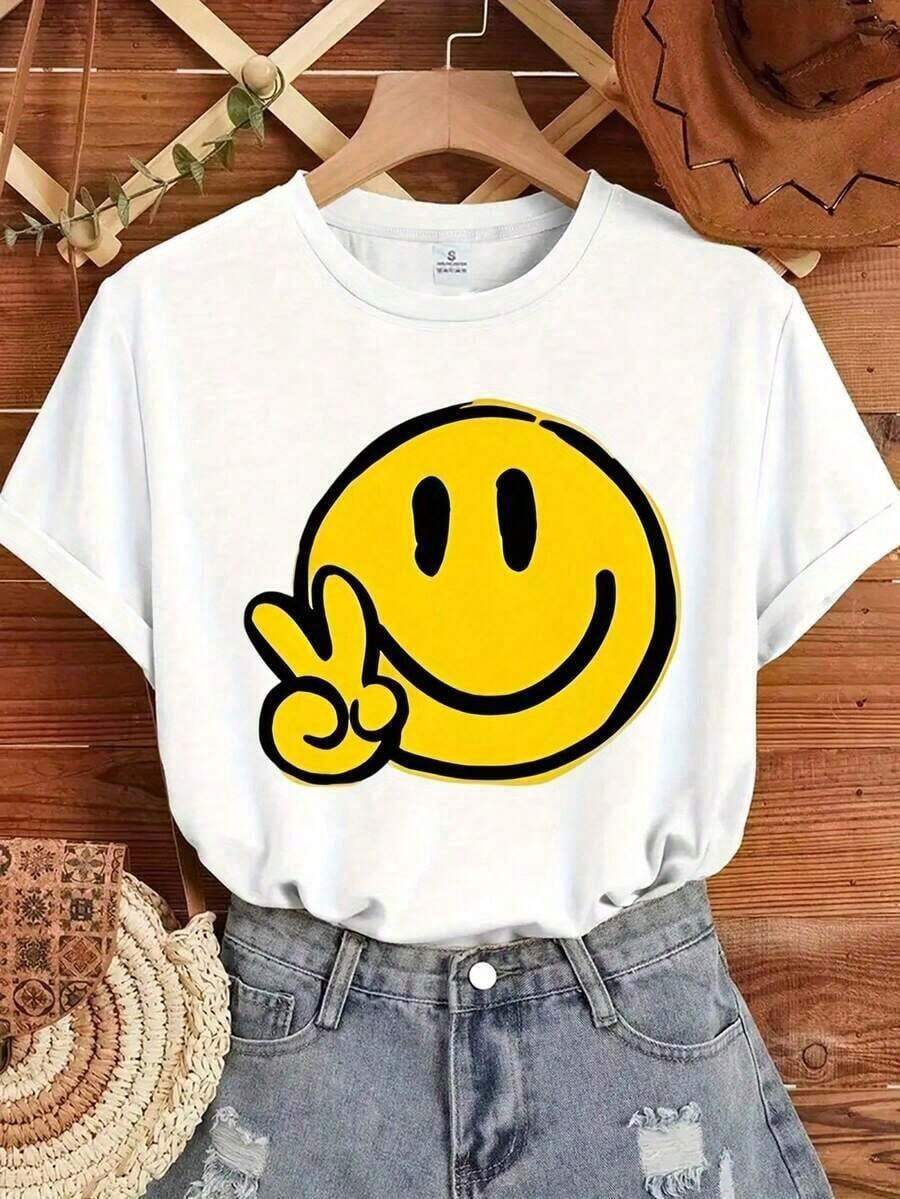 Fashion Printed T-Shirts For Women, Oversized Streetwear Tops, Comfortable And Stylish All-Match Summer Tees. Women's T-Shirt With Happy Face Print In Turquoise - Casual Short Sleeve T-Shirt With Round Neck And Cheerful Yellow And Black Trim, Relaxed Fit For All Seasons, Blouse For Everyday And Vacation Wear (Machine Washable) Back To School, Party, Gym, Beach, Going Out With Friends - 白色 - 查看 1
