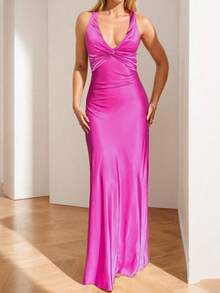 Elegant And Sexy Fitted V-Neck Pleated Maxi Dress, Spring 2026 Fashion, European Style For Modern Women - 玫紅色 - 查看 5