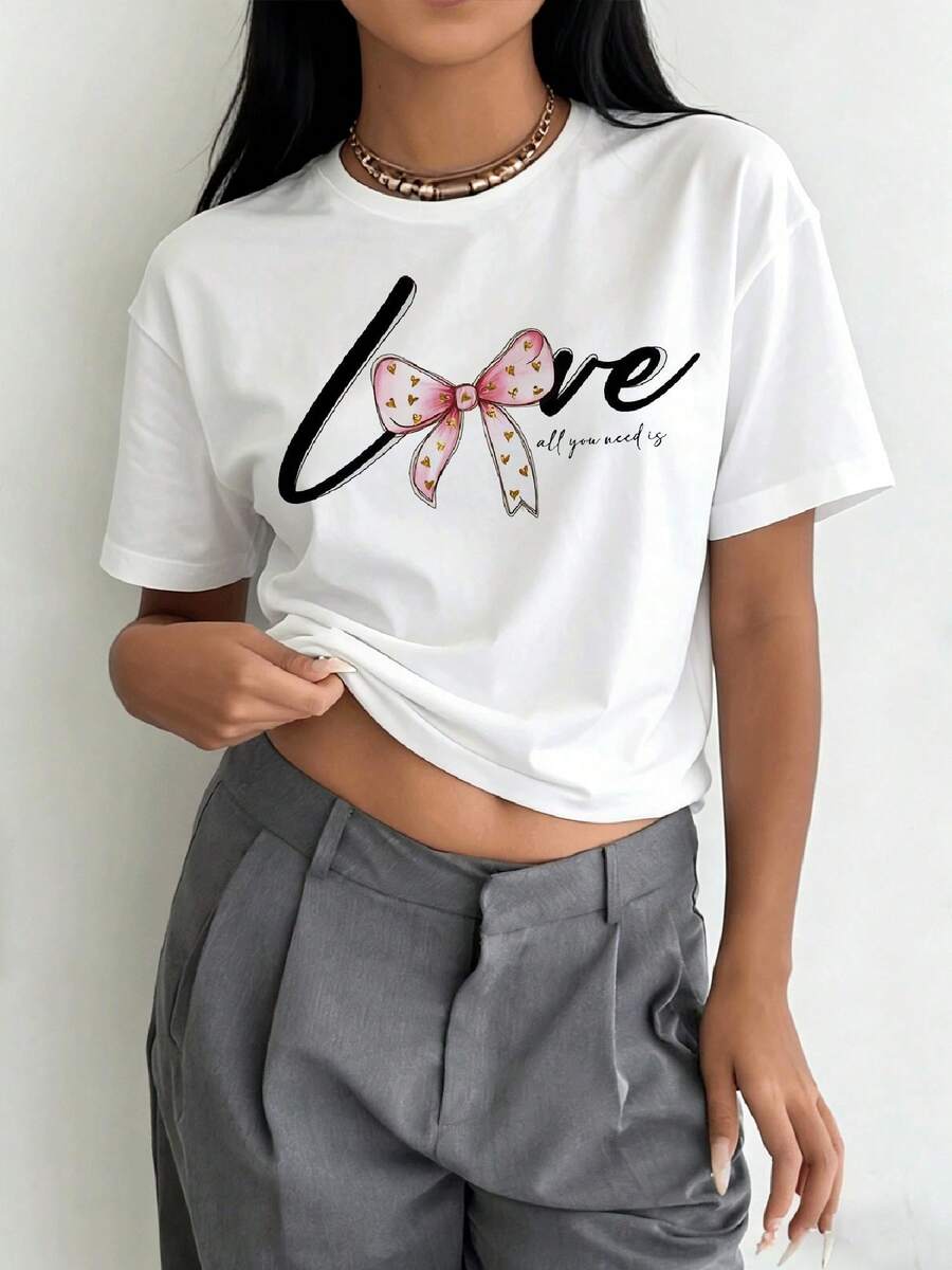 Women's Premium Vintage Style T-Shirt "Love Is All You Need" - Casual Short-Sleeved Round Neck T-Shirt With Cursive Font And Heart Print, Medium Elasticity, Suitable For Casual Wear, Machine Washable, Spring/Summer Casual T-Shirt, . - 白色 - 查看 1