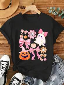 Camiseta Deportiva Casual para Mujer de Halloween - Camiseta Negra Elástica de Cuello Redondo con Diseño de Fantasma y Calabaza, Lavable aáquina, Ajuste Cómodo para Todas las Estaciones, Perfecta para Celebraciones y Uso Diario. - Negro - Ver 6