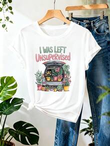 Camiseta Deportiva Casual para Mujer con Gráfico Colorido de Plantas en Maceta - Camiseta Elástica de Cuello Redondo, Lavable aáquina, Ajuste Cómodo y Apta para Todas las Estaciones, para un Look Fresco y Divertido. - Blanco - Ver 1