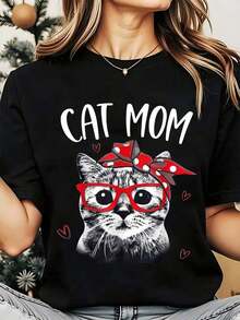 Soft, Breathable, And Lightweight For All-Day Comfort. Women's Crew Neck T-Shirt With A Cat Mom Print Featuring Glasses And A Bow, Ideal For Casual Wear During Christmas And Holidays, 220g. Classic Crew Neck With A Relaxed Fit That Flatters All Body Shapes And Is Easy To Pair With Jeans, Shorts, And Leggings. - 黑色 - 查看 1
