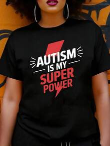 Camiseta Estampada para Mujer - Camiseta Casual de Manga Corta y Cuello Redondo Negra con Texto EL AUTISMO MI SUPERPODER en Negrita. Con un Corte Relajado para Todas las Estaciones, Perfecta para Uso Diario o Atuendos de Vacaciones (Lavable aáquina). - Negro - Ver 6