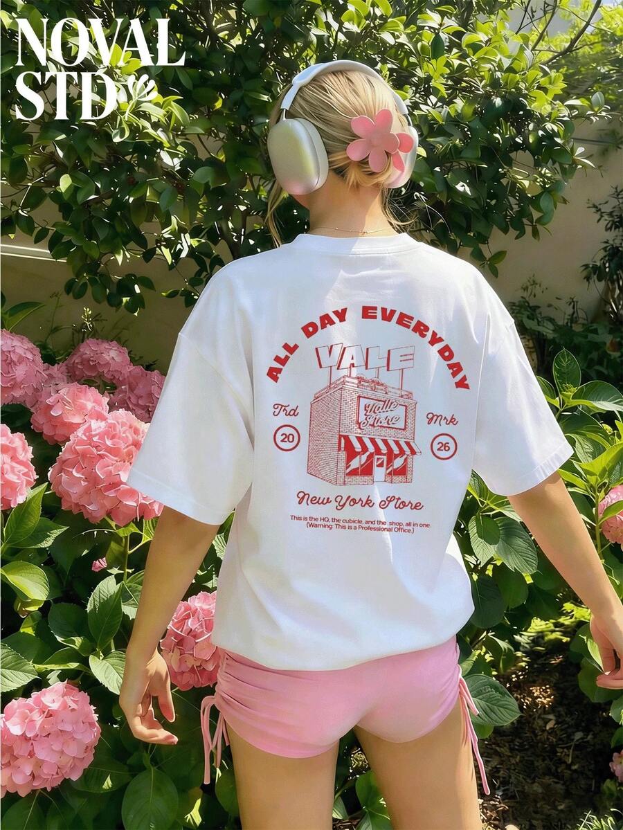 1 Piece Of Women's White Short-Sleeved T-Shirt, Casual Street Style, Vacation Style, Loose Fit, Multifunctional, With Round Neck And Double-Sided 'ale Store New York' Print, A Fashionable Garment Suitable For Everyday Wear. 180g 100% Cotton. - 白色 - 查看 1