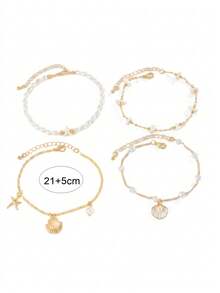 4pcs Fashionable Casual Versatile ABS Oval Faux Pearl Turquoise Starfish Asymmetrical Stone Chain Anklet Set, Suitable For Daily, Summer Beach, Vacation Matching - Gold - View 3
