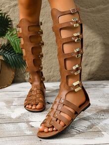 1 par de sandalias elegantes de dama con cremallera de cuero PU estilo bohemio, adecuadas para el hogar, vacaciones y uso al aire libre en verano - Marrón - Ver 6
