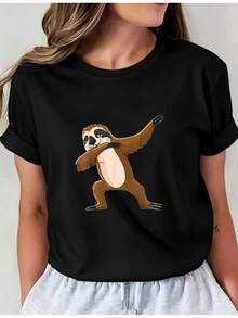 Camiseta Deportiva Casual para Mujer con Gráfico de Perezoso Negro - Camiseta Elástica de Cuello Redondo, Lavable aáquina, Ajuste Cómodo y Apta para Todas las Estaciones, para Combinar con Pantalones de Sudadera Grises Claros. - Negro - Ver 1