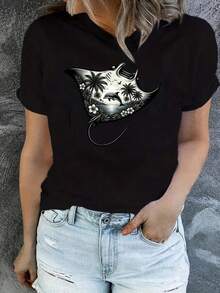 Camiseta Estampada para Mujer con Diseño de Gato - Camiseta Casual de Manga Corta y Cuello Redondo en Color Negro, con un Corte Relajado para Todas las Estaciones. Perfecta para el Uso Diario o tus Atuendos de Vacaciones (Lavable aáquina). Combínala con Jeans Desgastados de Color Azul Claro para un Look Divertido y Chic. - Negro - Ver 1