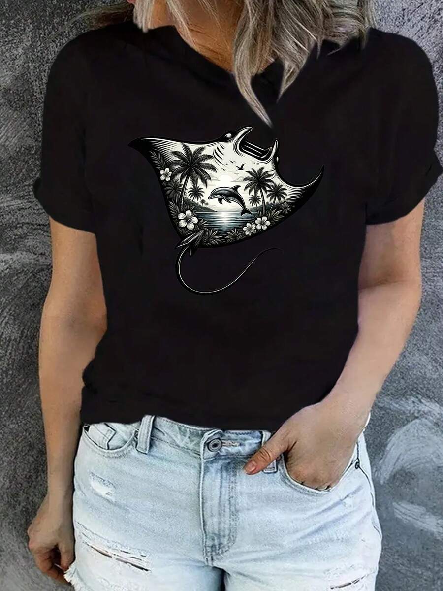 Camiseta Estampada para Mujer con Diseño de Gato - Camiseta Casual de Manga Corta y Cuello Redondo en Color Negro, con un Corte Relajado para Todas las Estaciones. Perfecta para el Uso Diario o tus Atuendos de Vacaciones (Lavable aáquina). Combínala con Jeans Desgastados de Color Azul Claro para un Look Divertido y Chic. - Negro - Ver 1