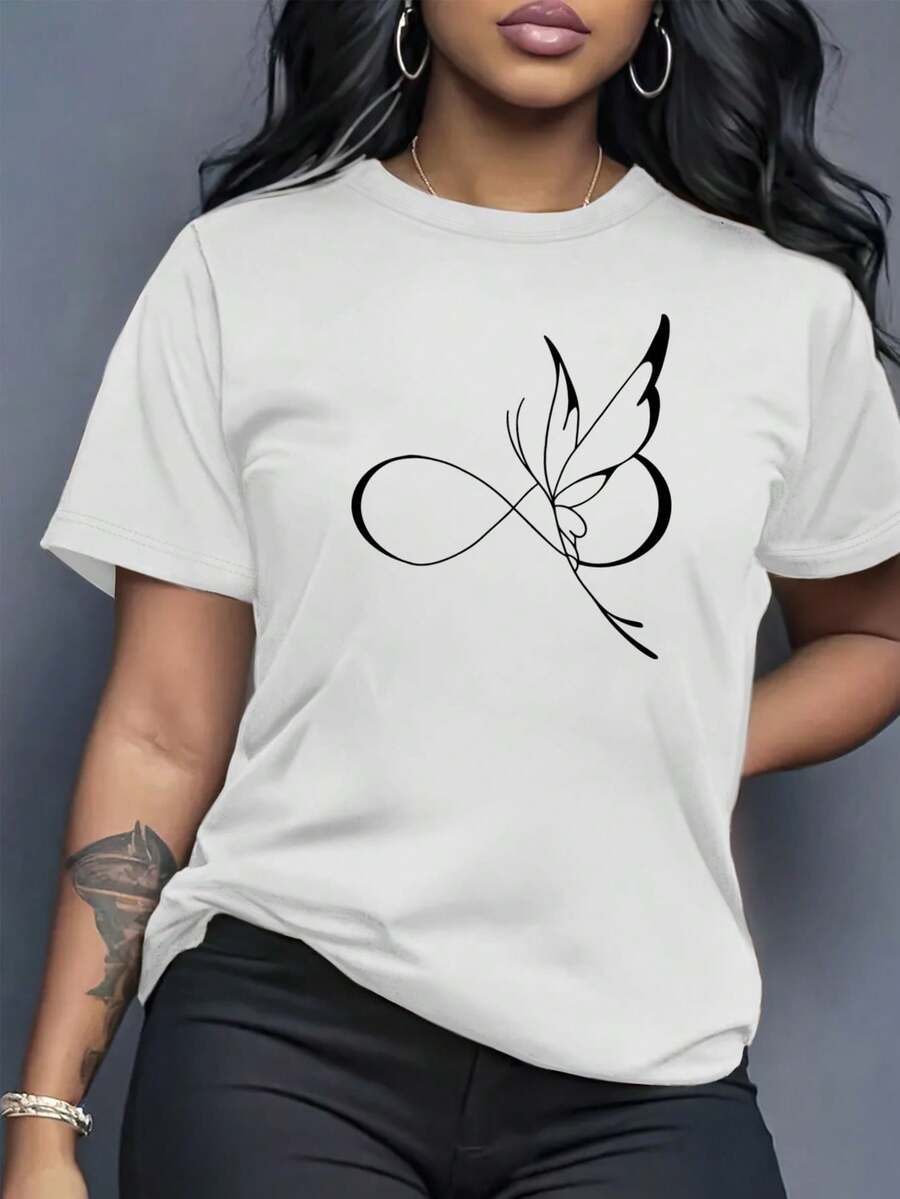 Camiseta Elegante Estampada para Mujer - Moda de verano, diseño elegante, cómoda y transpirable, camiseta de cuello redondo, material suave, adecuada para uso diario y actividades al aire libre en otoño y verano, ropa casual pero elegante para mujer. PCMN - Blanco - Ver 1