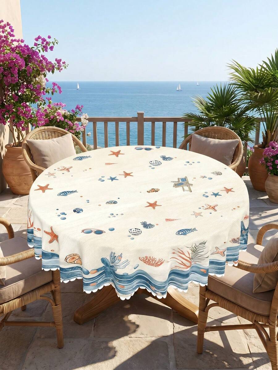 1件夏季海濱海灘桌布,海洋海星貝殼印花裝飾桌布,防皺,適用於海灘派對、泳池邊聚會、航海主題派對、後院燒烤、露台晚餐、廚房餐廳、室內外居家夏季假期裝飾,易打理可重複使用 - 彩色 - 查看 1