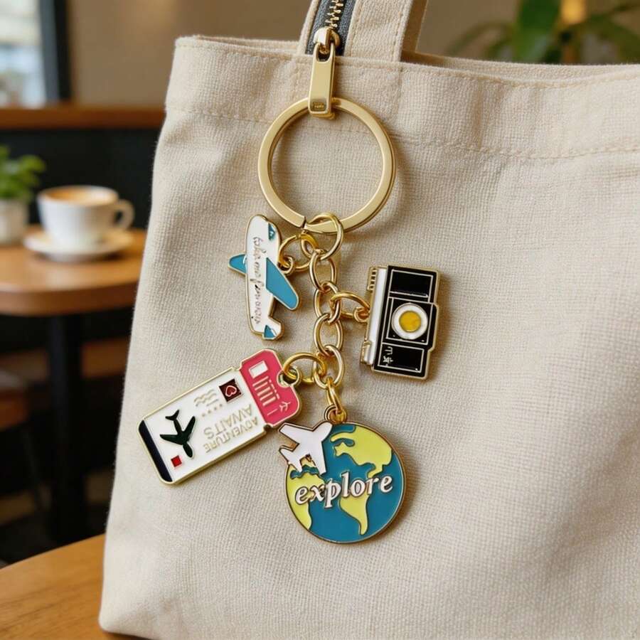 1pc Vintage Travel Enamel Keychain, Cute Airplane & Globe Pendant, Backpack Accessory For Travel Enthusiasts, Perfect Gift For Adventure Lovers - Pink+Green+Black - View 1