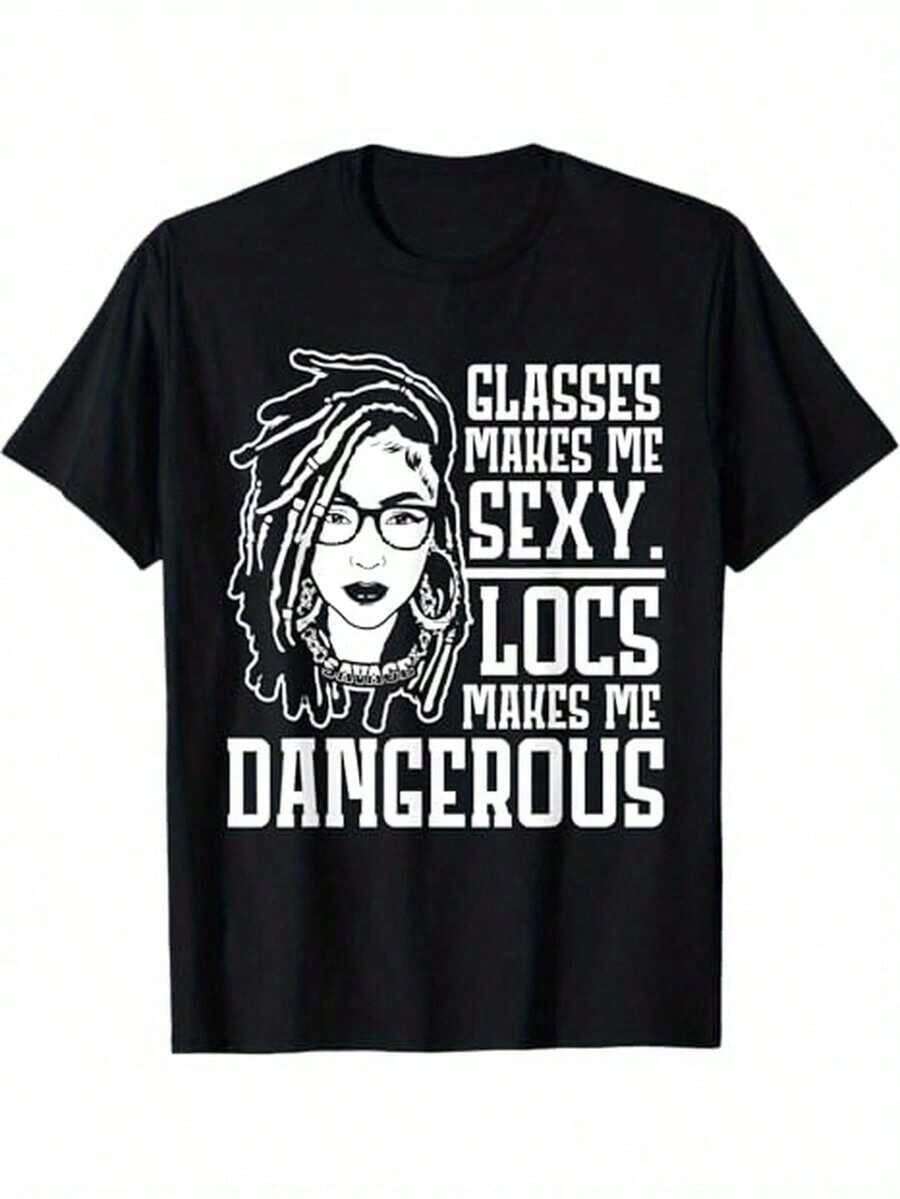 Camiseta con Estampado Gráfico Atrevido para Hombres y Mujeres - Lema "Las gafas me hacen sexy, las trenzas me hacen peligroso", Corte Regular, Manga Corta, Cuello Redondo, Camiseta Casual de Verano, Tallas S-XXXL, Lavable a Máquina, Regalo para Mamá, Papá y Amigos, Diseño Audaz | Heat Transfer GraphicCamiseta Algodón - Negro - Ver 1