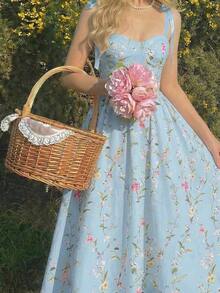 MOD Vestido de verano con estampado floral y tirantes anudados para mujeres, vestido largo con estampado floral para primavera, vestido de vacaciones, vestido de fiesta, atuendos de campo, ropa de playa de vacaciones, vestido bohemio para mujeres, atuendos de cumpleaños para mujeres, vestido de primavera y verano, atuendos para brunch - Azul - Ver 2