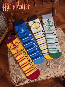 Noctvar OBM Sleepwear X Harry Potter 4雙哈利波特靈感巫師帽與學院標誌印花中筒襪，復古4學院配色，百搭休閒、派對、粉絲收藏，時尚舒適透氣學生襪，適合日常穿著、返校、節日禮物 - 彩色 - 查看 8
