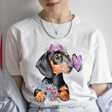 Camiseta de Moda con Estampado Gráfico de Dachshund para Amantes de Perros, para Mujer, Cuello Redondo, Manga Corta, Talla Grande - Blanco - Ver 5