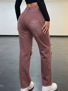 Pantalones vaqueros sin elasticidad para mujer de talle medio y pierna recta, con cortes y roturas desgastadas intensas, pantalones casuales urbanos - Marrón oscuro - Ver 5