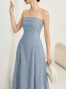 Vestido casual sin tirantes de mujer con rayas y cintura ajustada, para el verano - Azul marino - Ver 4