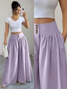 Nuevos pantalones anchos de mujer de estilo casual y elegante con diseño de hebilla floral, pantalones largos de lino de color caqui adecuados para primavera/verano, Acción de Gracias, Halloween, pantalones anchos y sueltos versátiles, pantalones - Lila Púrpura - Ver 1