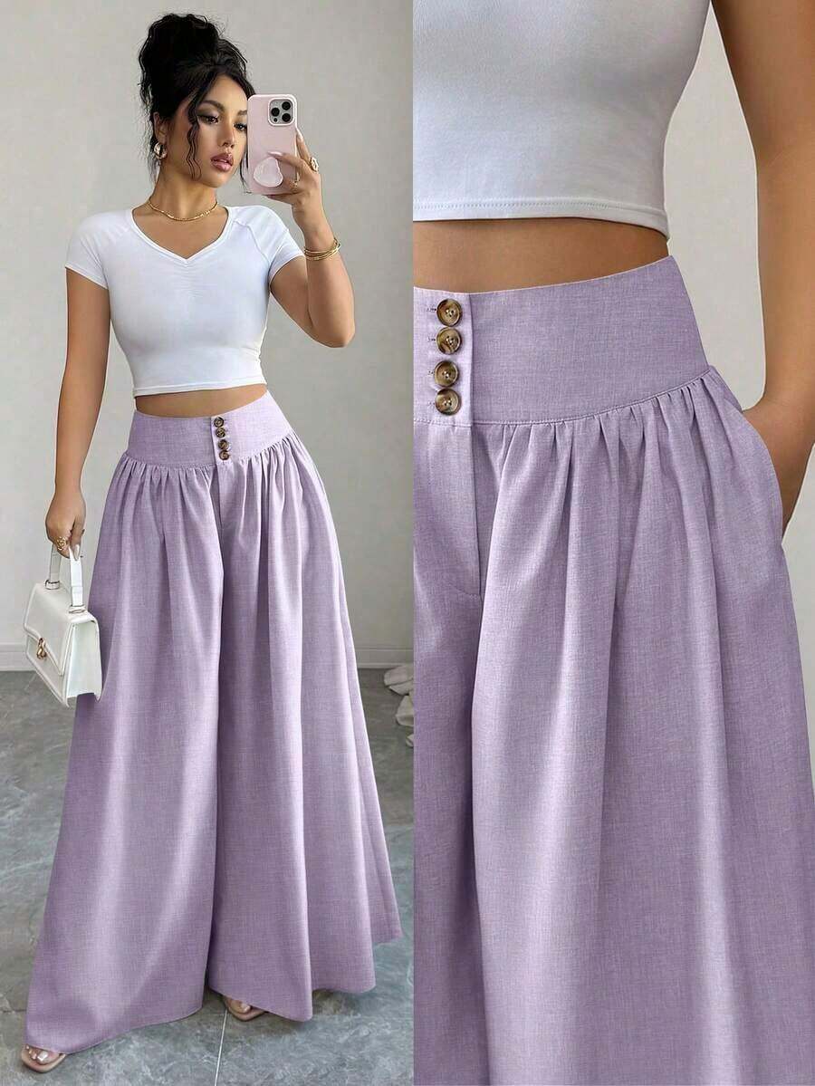 Nuevos pantalones anchos de mujer de estilo casual y elegante con diseño de hebilla floral, pantalones largos de lino de color caqui adecuados para primavera/verano, Acción de Gracias, Halloween, pantalones anchos y sueltos versátiles, pantalones - Lila Púrpura - Ver 1