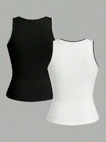 2 piezas de camiseta de tirantes de mujer de ajuste ceñido con estampado minimalista de letras de California en negro y blanco - 95% algodón, para primavera y verano, uso en todas las estaciones, vuelta al colegio, ropa de casa y deporte, estilo re - Blanco y Negro 2 - Ver 9