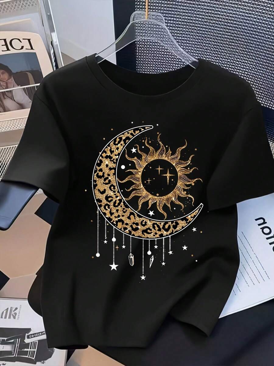 Camiseta de manga corta para mujer con cuello redondo y estampado de estrella y luna, ropa casual de moda para mujer