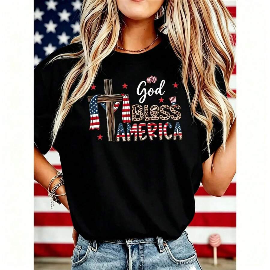Women's "God Bless America" T-Shirt, 250 Years Of America, 250th Anniversary Of The USA, Gift T-Shirt For Independence Day, 4th Of July, Cotton T-Shirt For Men And Women - BA-黑色 - 查看 1