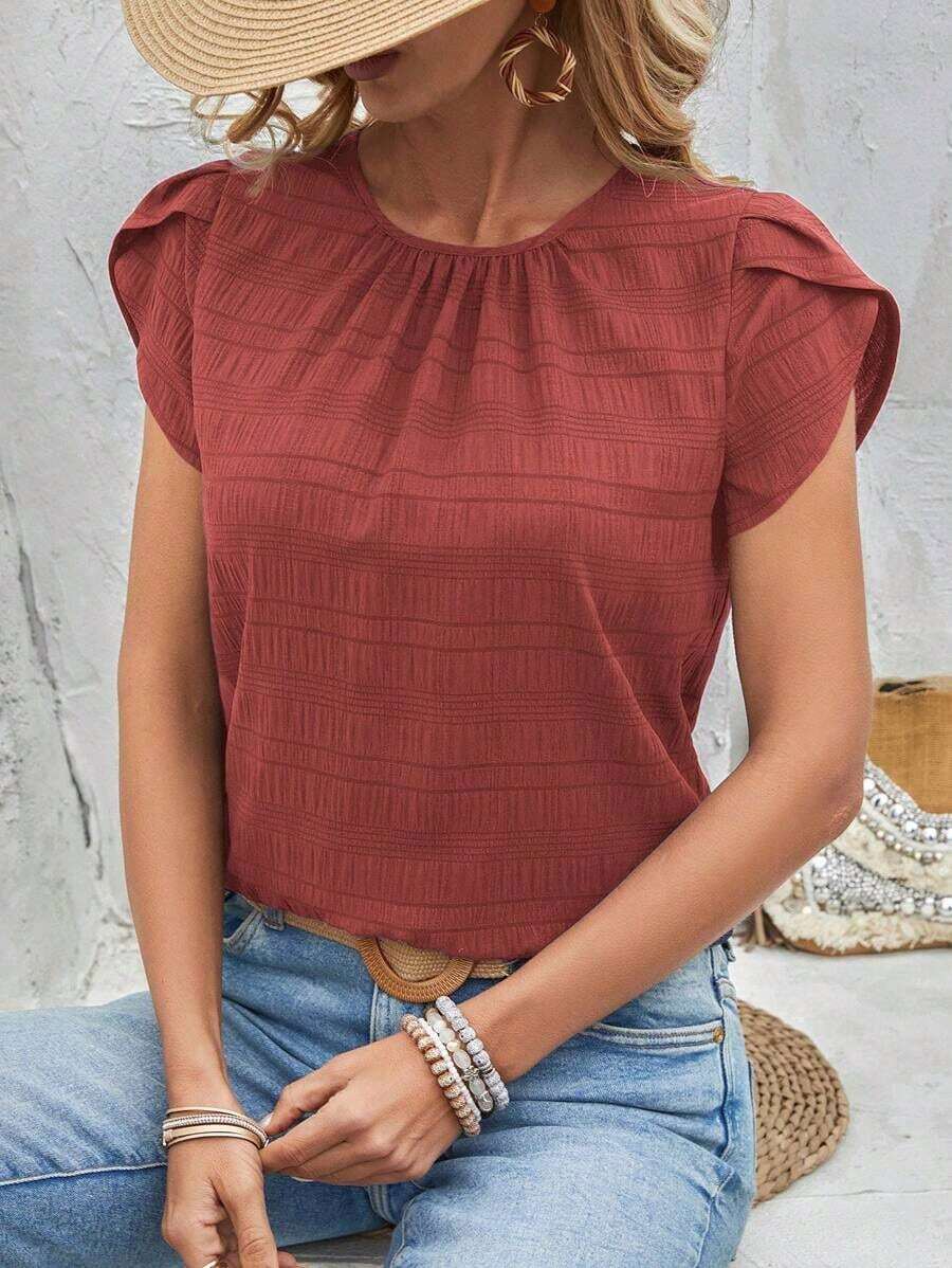Blusa de manga corta con abertura en la espalda y manga estilo pétalo de unicolor, blusas de manga corta - Óxido marrón - Ver 1
