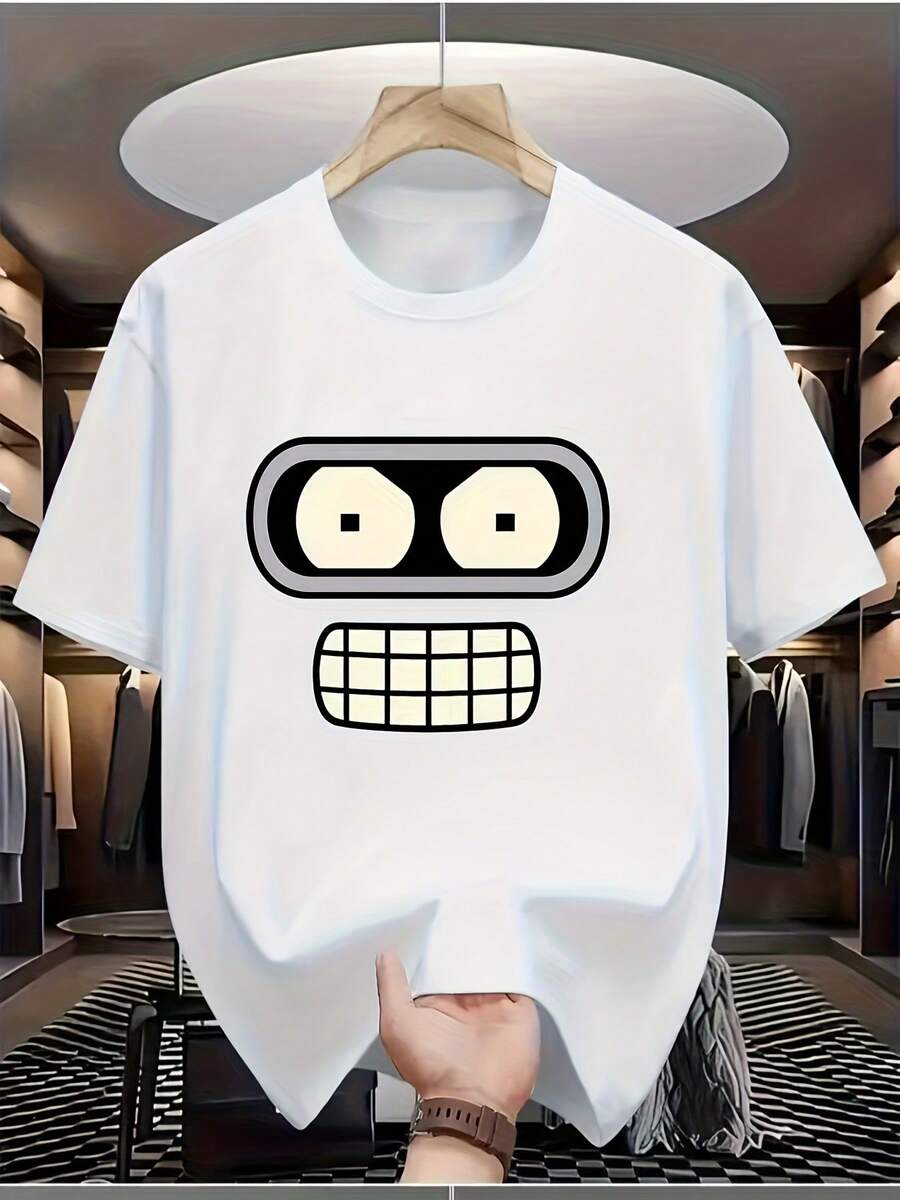 Unisex T-Shirt For Men And Women With Curved Robot Design, Futurama Humorous Style, Breathable, Round Neck, Short Sleeve, Casual, For Summer, Clothing For Anime Fans, Pop Culture, Party Outfit - 白色 - 查看 1