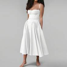 Women's Beige Corset Spaghetti Strap Midi Dress, Sweetheart Neck A-Line Flare Dress, Elegant Bridesmaid & Wedding Guest Dress - 24586-白色 - 查看 4