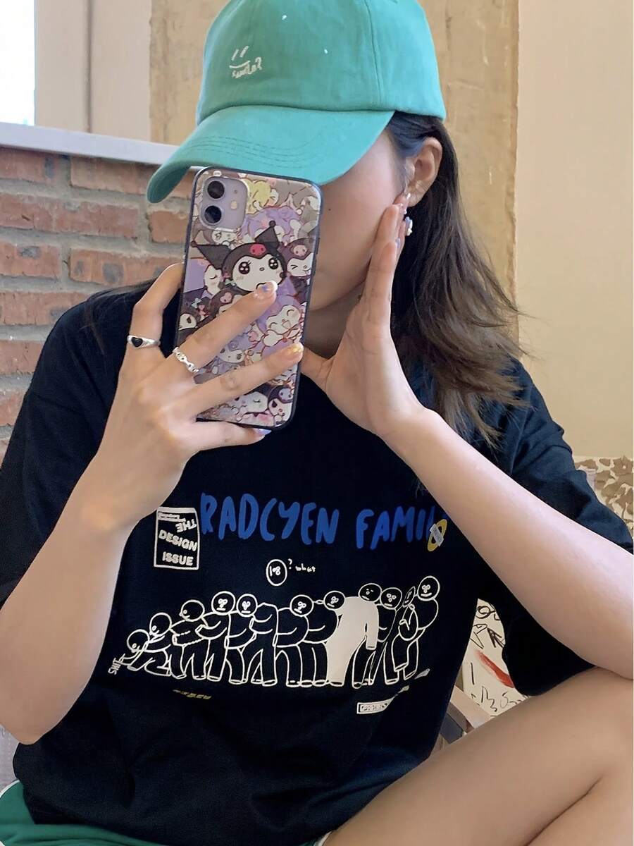 ropa de mujer Camiseta casual de manga corta para mujer, estampado de personaje de dibujos animados, top holgado de verano camisas de mujer - Negro - Ver 1