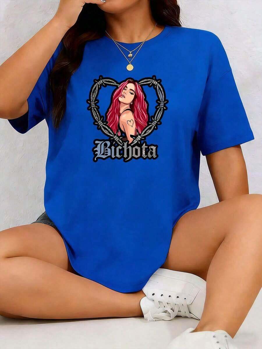 PAYEAH 1 Piece Women's Heart Graphic T-Shirt, 100% Cotton - Breathable Polyester Blend, Casual Short Sleeve Crew Neck T-Shirt With Chain Detail, Machine Washable - Perfect For Spring And Summer, Thick Cotton T-Shirt, Cool Summer Clothes For Women - 藍色 - 查看 1