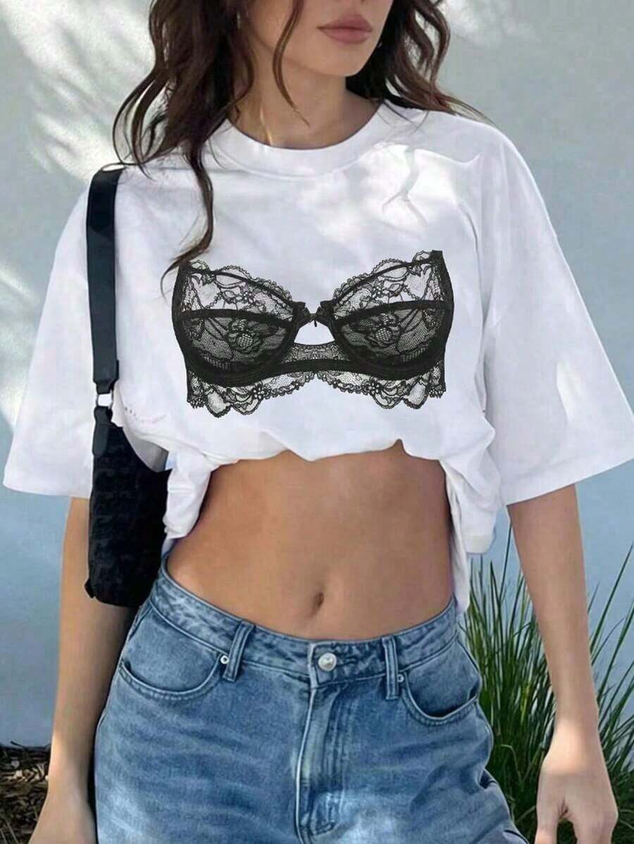 Camiseta de manga corta con estampado gráfico de bikini blanco y rosa para mujer, camiseta casual de cuello redondo para verano - Blanco 4 - Ver 1
