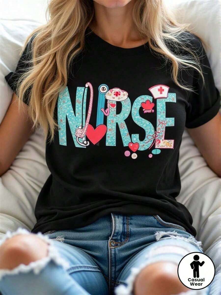 Women's Nursing Themed T-Shirt | Eye-Catching Letter Print, Stethoscope Design, Elastic Fit, Round Neck, Suitable For Casual Workwear Or Nursing Attire, Machine Washable, All-Season Top, Casual Short-Sleeve Round Neck T-Shirt For Women, Ideal For Daily Wear And Travel. - 黑色 - 查看 1
