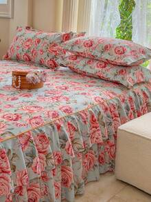 Juego de 3 piezas de falda de cama (1 falda de cama + 2 fundas de almohada), para todas las estaciones, en varios estilos de tamaño, adecuado para el juego de ropa de cama del dormitorio - Rosa Roja - Ver 6