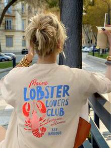Short-Sleeved T-Shirt With A Round Neck And Slogan Print, Casual Summer Style For Women, Fashionable Everyday Wear And Vacation Wear, Suitable For Daily Use And Holidays - Urban Vintage Style, Unisex, Cotton, Short-Sleeved, Round Neck, Blouses For Women. Casual Blouses For Ladies. - 杏色 - 查看 4