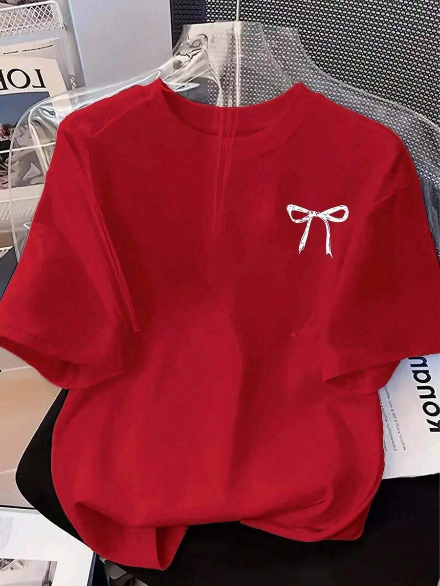 Camiseta de manga corta con estampado de lazo, versátil para uso diario y desplazamientos, de para mujer, verano. - Rojo - Ver 1