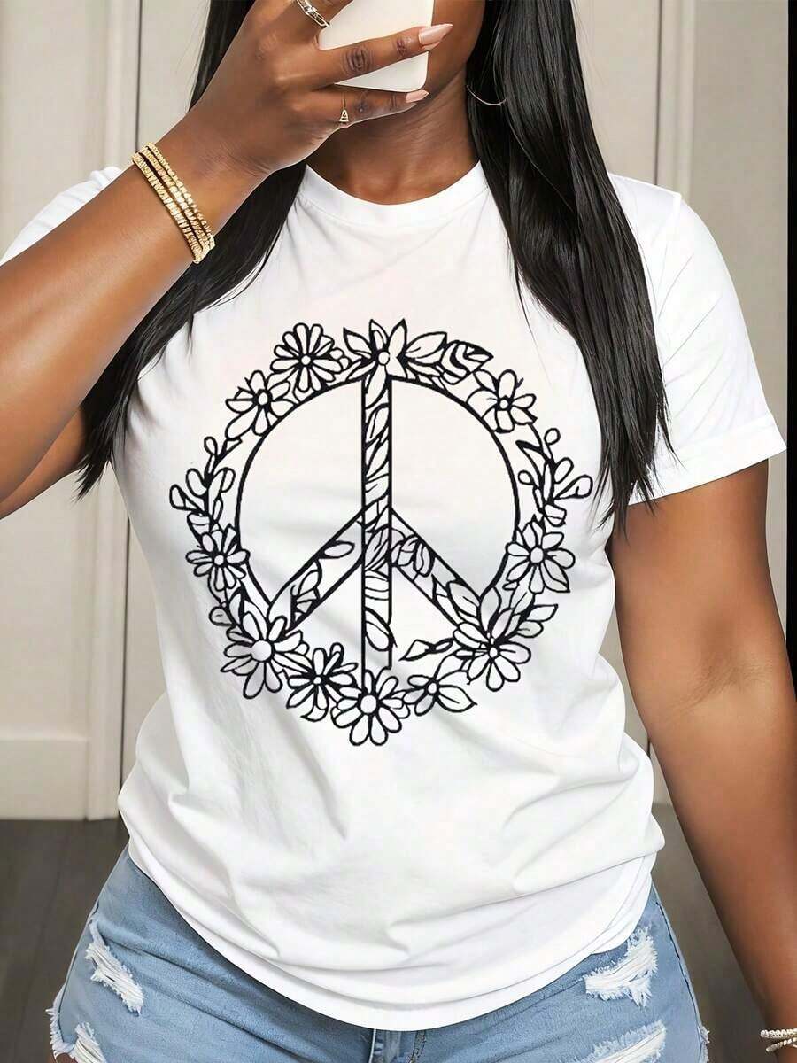 Women's T-Shirts With Floral Peace Symbol Design, Casual Summer T-Shirt For Women, Graphic Print Top, White T-Shirt For Hippie Festival, Boho Style Outfit, Blouses For Women. - 白色 - 查看 1