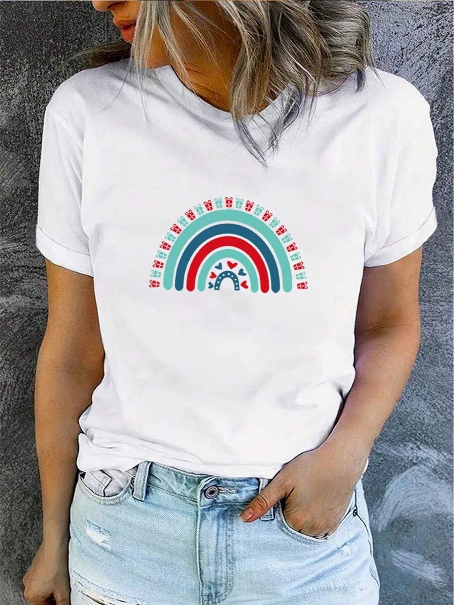 Regalo de camiseta de manga corta casual de cuello redondo suelto impresa arcoíris para primavera y verano para mujeres[COD] - Blanco - Ver 1