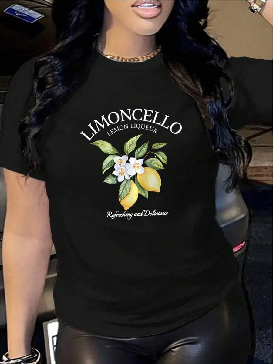 2026Camiseta de manga corta para mujer con cuello redondo y estampado de limón2026 - Negro - Ver 1