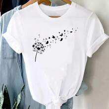 Women's Short Sleeve T-Shirts 100% Cotton, Round Neck T-Shirt With Dandelion Cartoon Graphic Print, Short Sleeve T-Shirt For Women, Printed Clothing For Ladies, T-Shirts For Women. - 白色 - 查看 3