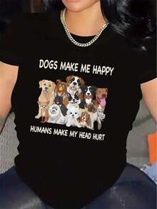 Under The Radar Women's Short Sleeve T-Shirt, Polyester Fabric, Dog Lover Graphic Design, Lightweight And Durable, Perfect For Home, Cafes Or Casual Outings, Features A "Dogs Make Me Happy" Print With Adorable Dog Faces - Unisex Loose Fit Cotton Short Sleeve Crew Neck T-Shirt, Urban Vintage Style. - 黑色 - 查看 7