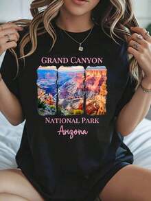 Women's T-Shirt With Vintage Design Of Arizona's Grand Canyon National Park, Vintage Urban Style, Unisex, Cotton, Short Sleeve, Round Neck, Loose Fit, Gift For Nature Lovers - 黑色 - 查看 7