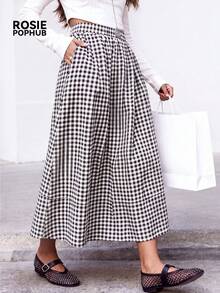 ROSIE POPHUB Chân váy maxi chữ A thanh lịch, cạp chun, họa tiết kẻ caro đen trắng xám dành cho nữ, kiểu dáng thường ngày, có túi, kín đáo, thích hợp mặc đi làm, đi học vào mùa hè. - Xám - Xem 3